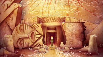 Movie still from “The Secret of Kells” (2009), directed by Nora Twomey – An illustration of a man standing in front of a cave; Extreme Wide shot, High angle