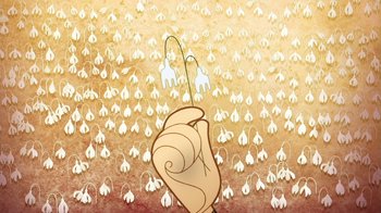 Movie still from “The Secret of Kells” (2009), directed by Nora Twomey – An illustration of a hand holding a white flower; Extreme Close Up shot, Overhead angle