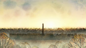 Movie still from “The Secret of Kells” (2009), directed by Nora Twomey – The washington monument is surrounded by trees and bushes; Extreme Wide shot, High angle