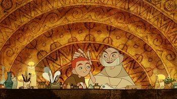 Movie still from “The Secret of Kells” (2009), directed by Nora Twomey – An animated scene of a man and a boy; Medium shot, Overhead angle