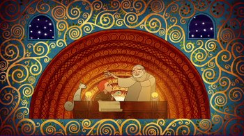 Movie still from “The Secret of Kells” (2009), directed by Nora Twomey – An artistic painting of a man and a woman; Wide shot, Low angle