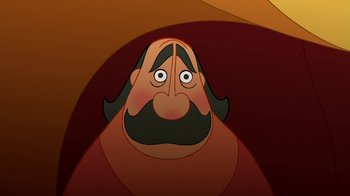 Movie still from “The Secret of Kells” (2009), directed by Nora Twomey – An illustration of an old man with a mustache; Close Up shot, Over the shoulder angle