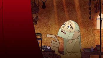 Movie still from “The Secret of Kells” (2009), directed by Nora Twomey – An old man with long white hair is sitting in front of a window; Close Up shot, Over the shoulder angle