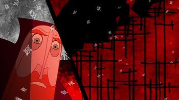 Movie still from “The Secret of Kells” (2009), directed by Nora Twomey – An abstract image of a man with a surprised look on his face; Extreme Close Up shot, Overhead angle