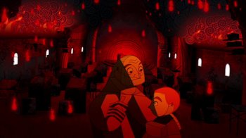 Movie still from “The Secret of Kells” (2009), directed by Nora Twomey – An animated scene of a man and a boy; Wide shot, Over the shoulder angle