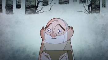 Movie still from “The Secret of Kells” (2009), directed by Nora Twomey – An animated bald man is holding his hands up to his face; Close Up shot, Over the shoulder angle