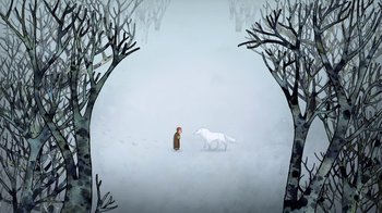 Movie still from “The Secret of Kells” (2009), directed by Nora Twomey – A person and a dog in a snowy forest; Extreme Wide shot, Overhead angle