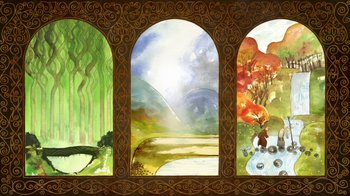 Movie still from “The Secret of Kells” (2009), directed by Nora Twomey – A painting of three different scenes of the same scene; Extreme Wide shot, Low angle