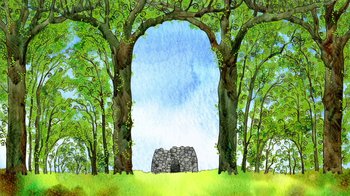 Movie still from “The Secret of Kells” (2009), directed by Nora Twomey – An illustration of a stone structure in the middle of a forest; Extreme Wide shot, Low angle