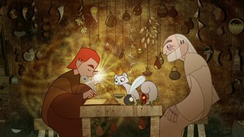 Movie still from “The Secret of Kells” (2009), directed by Nora Twomey – An illustration of a cat and a woman sitting at a dinner table; Medium shot, Over the shoulder angle