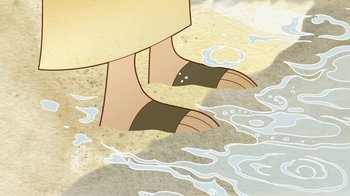 Movie still from “The Secret of Kells” (2009), directed by Nora Twomey – View of the feet of a person in the water; Extreme Close Up shot, High angle