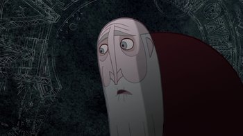 Movie still from “The Secret of Kells” (2009), directed by Nora Twomey – An old man with long hair and a beard is looking at the camera; Close Up shot, Overhead angle