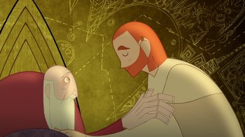 Movie still from “The Secret of Kells” (2009), directed by Nora Twomey – An illustration of a man with a long red hair and a bald head; Medium shot, Over the shoulder angle