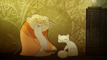 Movie still from “The Secret of Kells” (2009), directed by Nora Twomey – An illustration of an old man and a white cat; Extreme Close Up shot, Low angle