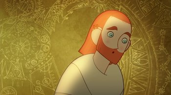 Movie still from “The Secret of Kells” (2009), directed by Nora Twomey – An illustration of a man with red hair and a long beard; Close Up shot, Over the shoulder angle