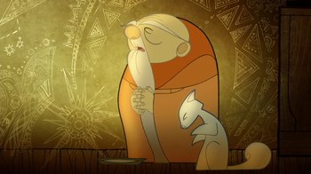 Movie still from “The Secret of Kells” (2009), directed by Nora Twomey – An illustration of a man and a white cat; Close Up shot, Low angle