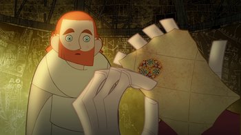 Movie still from “The Secret of Kells” (2009), directed by Nora Twomey – An animated man is looking at a paper; Close Up shot, Over the shoulder angle