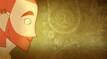 Movie still from “The Secret of Kells” (2009), directed by Nora Twomey – An illustration of a man's face with a clock on it's side; Close Up shot, Over the shoulder angle