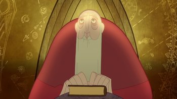 Movie still from “The Secret of Kells” (2009), directed by Nora Twomey – An old man is holding a book in his hands; Close Up shot, Overhead angle