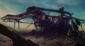 Movie still from “The Secret of NIMH” (1982), directed by Don Bluth – An oil painting of an old rusty airplane; Extreme Wide shot, Low angle