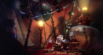 Movie still from “The Secret of NIMH” (1982), directed by Don Bluth – A painting of a mouse and a rat in a room; Wide shot, High angle