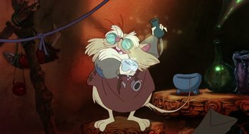 Movie still from “The Secret of NIMH” (1982), directed by Don Bluth – A picture of a character from the disney movie; Medium shot, Low angle