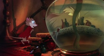 Movie still from “The Secret of NIMH” (1982), directed by Don Bluth – A mouse and a fish bowl; Wide shot, High angle