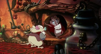 Movie still from “The Secret of NIMH” (1982), directed by Don Bluth – A scene from the animated movie , the rescuers down under; Wide shot, High angle