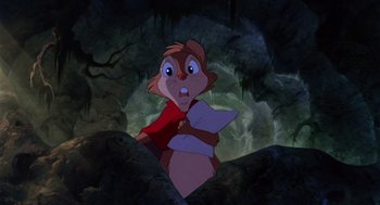 Movie still from “The Secret of NIMH” (1982), directed by Don Bluth – A picture of a character from the disney movie , the hunchback of notre - dame; Medium shot, High angle