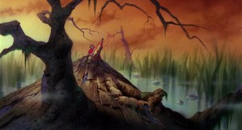 Movie still from “The Secret of NIMH” (1982), directed by Don Bluth – A painting of a man on a tree stump; Extreme Wide shot, High angle