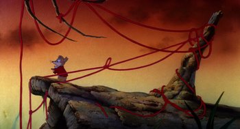 Movie still from “The Secret of NIMH” (1982), directed by Don Bluth – A painting of an animated scene with a mouse and a tree; Extreme Wide shot, Low angle