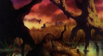 Movie still from “The Secret of NIMH” (1982), directed by Don Bluth – A painting of an animal and a bird in a field; Extreme Wide shot, Low angle