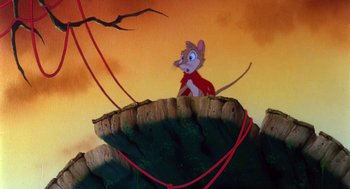 Movie still from “The Secret of NIMH” (1982), directed by Don Bluth – A painting of a mouse sitting on top of a cliff; Wide shot, Overhead angle