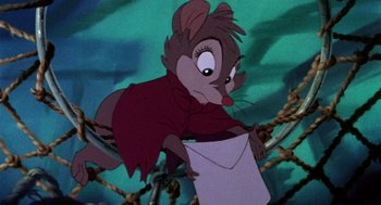 Movie still from “The Secret of NIMH” (1982), directed by Don Bluth – A mouse holding an envelope in its mouth; Medium shot, High angle