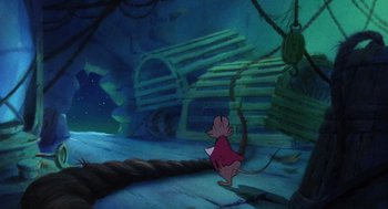 Movie still from “The Secret of NIMH” (1982), directed by Don Bluth – A mouse is walking in the woods by a bridge; Wide shot, High angle