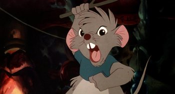 Movie still from “The Secret of NIMH” (1982), directed by Don Bluth – A mouse that is standing up with its mouth wide open; Close Up shot, High angle