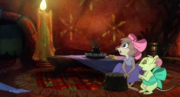 Movie still from “The Secret of NIMH” (1982), directed by Don Bluth – A mouse sitting on the floor in front of a table; Wide shot, High angle