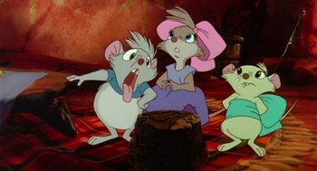 Movie still from “The Secret of NIMH” (1982), directed by Don Bluth – A group of mice standing next to each other on the floor; Medium shot, Over the shoulder angle
