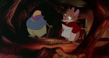 Movie still from “The Secret of NIMH” (1982), directed by Don Bluth – A couple of mice are standing next to each other; Medium shot, High angle