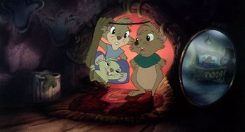 Movie still from “The Secret of NIMH” (1982), directed by Don Bluth – A couple of animals that are standing up in the dirt; Wide shot, High angle