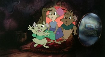 Movie still from “The Secret of NIMH” (1982), directed by Don Bluth – A group of three mice standing next to each other; Wide shot, High angle