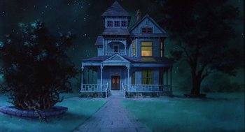 Movie still from “The Secret of NIMH” (1982), directed by Don Bluth – A painting of an old house in the night; Extreme Wide shot, Low angle