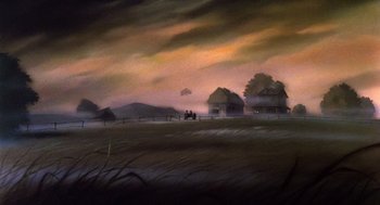 Movie still from “The Secret of NIMH” (1982), directed by Don Bluth – Two people riding a horse drawn carriage on a field; Extreme Wide shot, Low angle