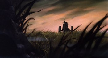 Movie still from “The Secret of NIMH” (1982), directed by Don Bluth – An oil painting of an old tractor in a grassy field; Extreme Wide shot, Low angle