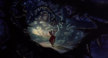 Movie still from “The Secret of NIMH” (1982), directed by Don Bluth – A painting of a mouse standing in the woods; Wide shot, High angle