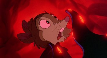 Movie still from “The Secret of NIMH” (1982), directed by Don Bluth – A character from the movie the rescuers; Extreme Close Up shot, High angle