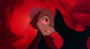 Movie still from “The Secret of NIMH” (1982), directed by Don Bluth – A person's face in a cartoon style; Close Up shot, Over the shoulder angle