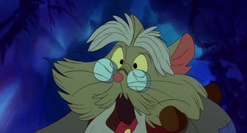 Movie still from “The Secret of NIMH” (1982), directed by Don Bluth – A cat's face in a scene from disney's 't he jungle book; Close Up shot, Over the shoulder angle