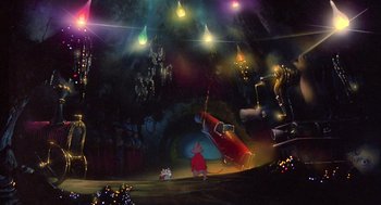 Movie still from “The Secret of NIMH” (1982), directed by Don Bluth – A painting of a scene with a pig in the middle of the scene; Extreme Wide shot, Low angle