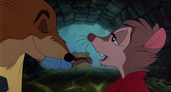 Movie still from “The Secret of NIMH” (1982), directed by Don Bluth – A character from the fox and the hound; Close Up shot, Over the shoulder angle